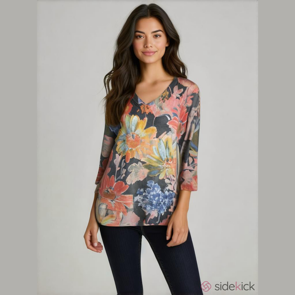 Soft Surroundings Womens PM Orange Floral Boho V Neck Pullover Tunic Sweater Top